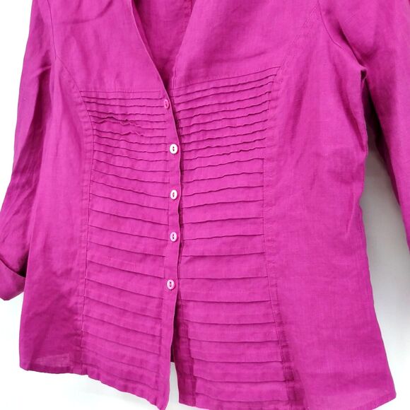 Sara I. Shirt Womens Size M Pink Pleated Front 100% Linen Button Up Top - Picture 3 of 7